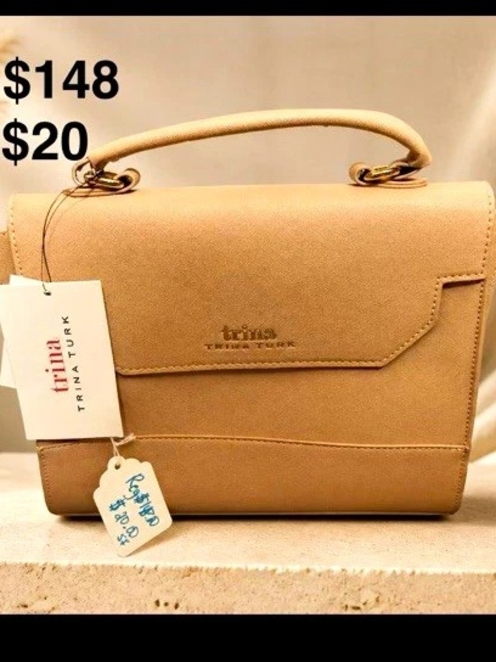 Trina Turk Women’s Beige Satchel Top Handle Bag, Magnetic Closure, Small
